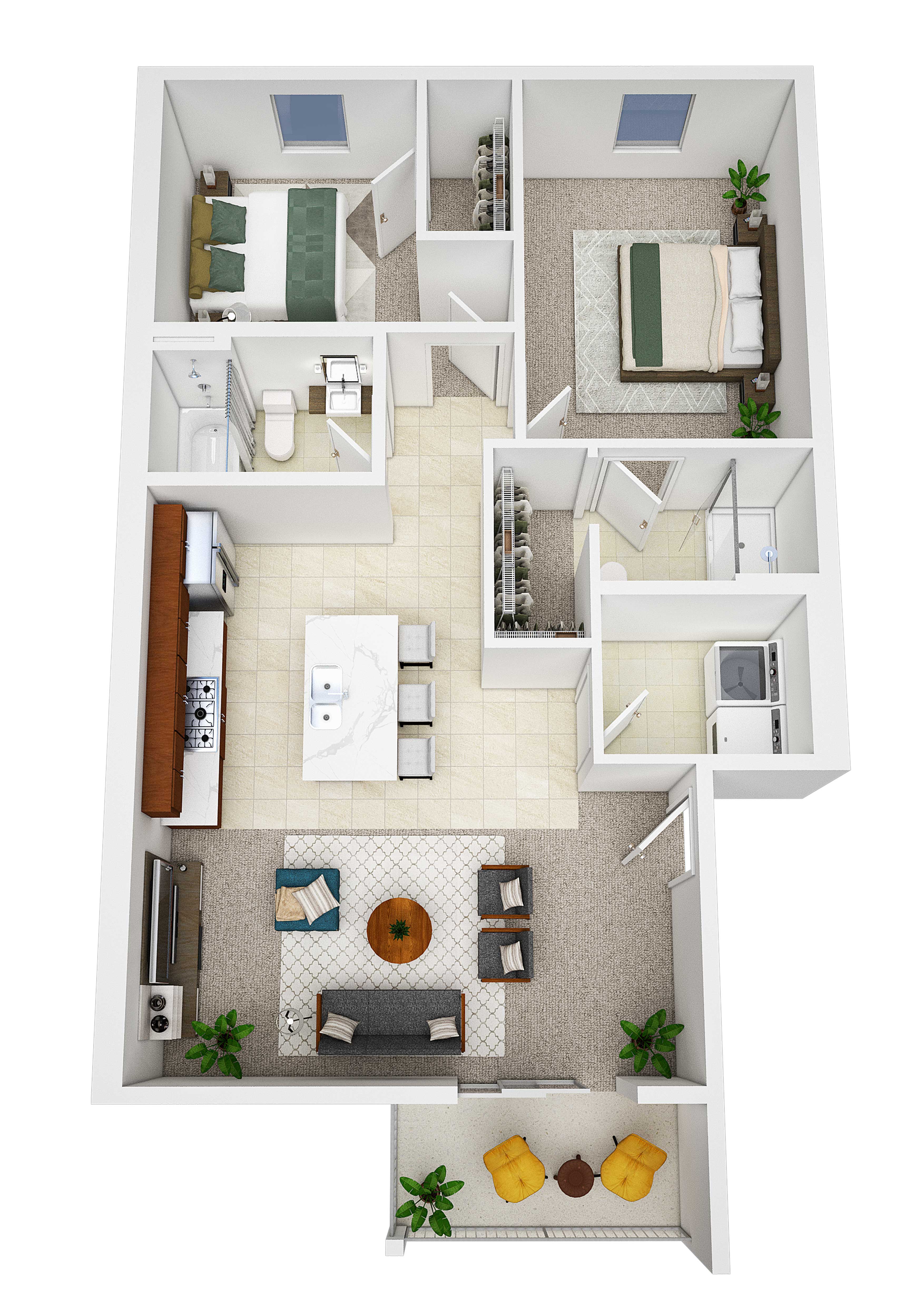 Floor plan for 2 beds, 2 baths, 927 sqft